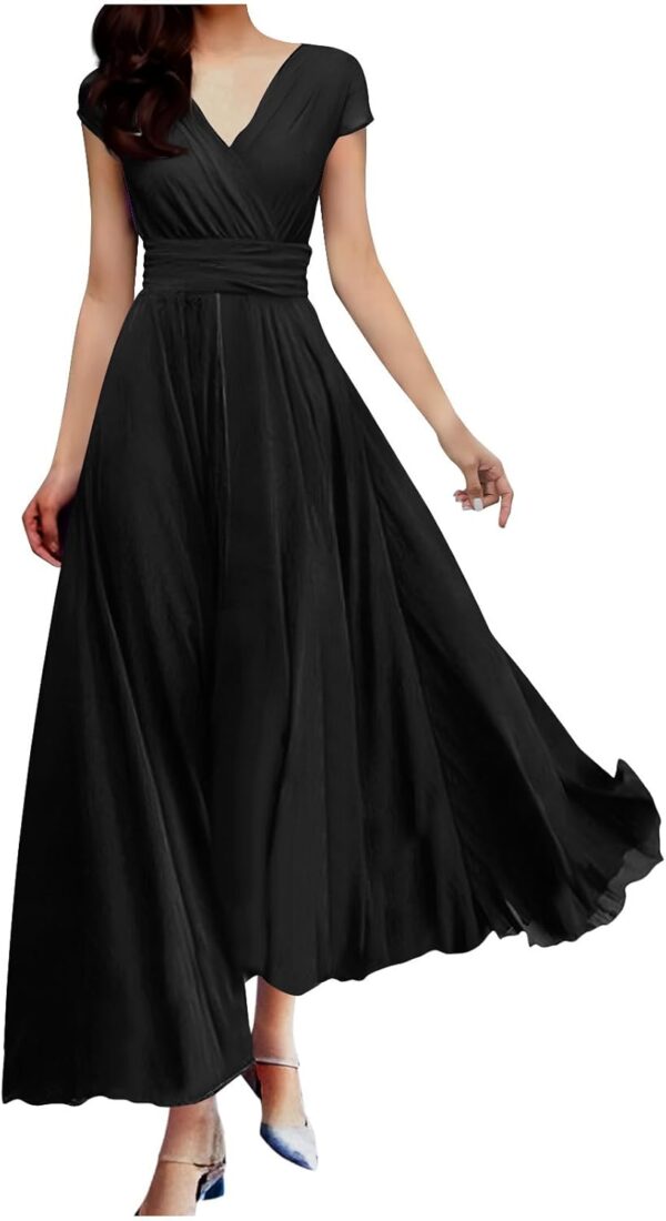 Wedding Guest Dresses for Women Evening Maxi Dress Ladies Comfort Chiffon Short Sleeve Flowy Dress V Neck High Waist - Image 2