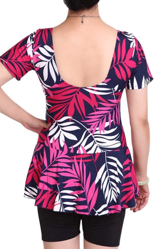 Women's One Piece Swim Dress Modest Swimsuit Floral Leaf Print Short Sleeve Swimwear - Image 5