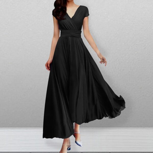 Wedding Guest Dresses for Women Evening Maxi Dress Ladies Comfort Chiffon Short Sleeve Flowy Dress V Neck High Waist - Image 3