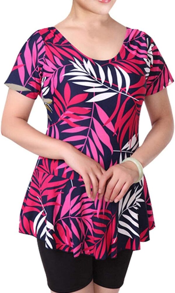 Women's One Piece Swim Dress Modest Swimsuit Floral Leaf Print Short Sleeve Swimwear - Image 4