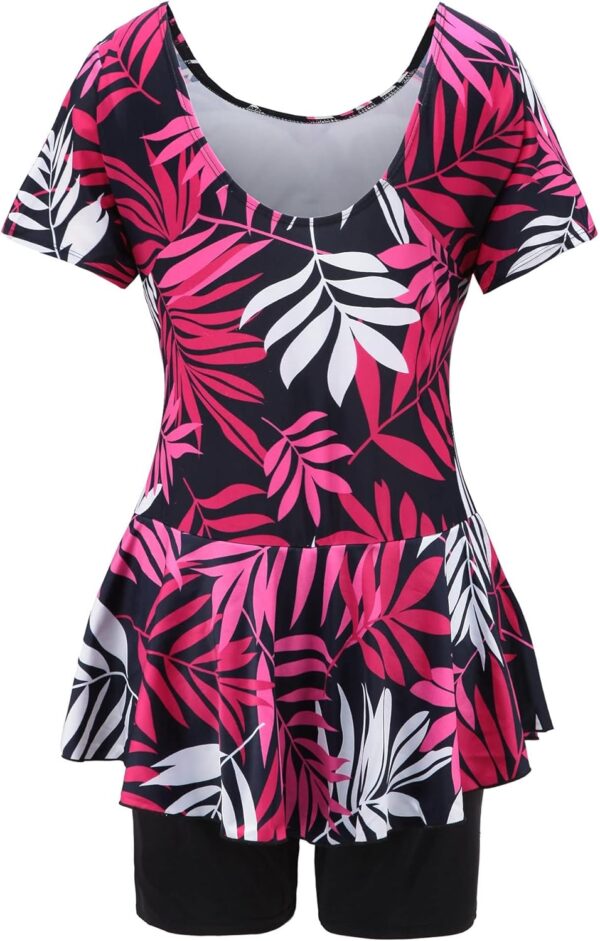 Women's One Piece Swim Dress Modest Swimsuit Floral Leaf Print Short Sleeve Swimwear - Image 3