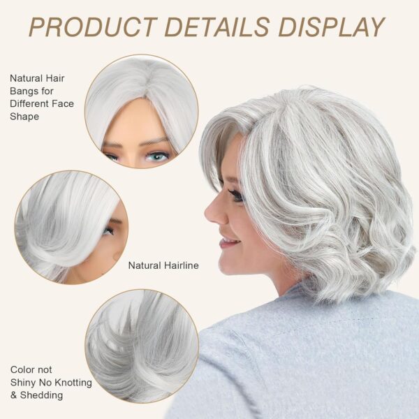 Short Grey Curly Layered Wig For Women Over 50 Side Part Bob Curly Layered Cut Wig For Fashion Old Lady Glueless Adult Curly Layered Cut Wig Synthetic Wig For Daily Use (7350A-Silver) - Image 3