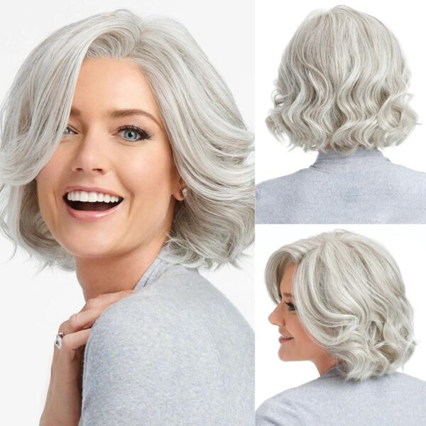 Short Grey Curly Layered Wig For Women Over 50 Side Part Bob Curly Layered Cut Wig For Fashion Old Lady Glueless Adult Curly Layered Cut Wig Synthetic Wig For Daily Use (7350A-Silver) - Image 2