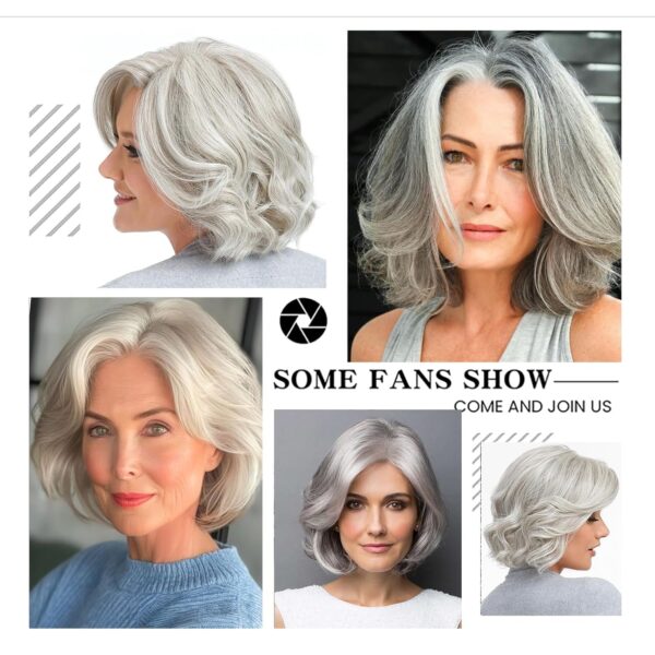 Short Grey Curly Layered Wig For Women Over 50 Side Part Bob Curly Layered Cut Wig For Fashion Old Lady Glueless Adult Curly Layered Cut Wig Synthetic Wig For Daily Use (7350A-Silver) - Image 6