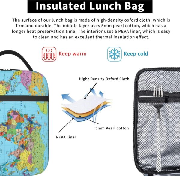 World Map Lunch Box Reusable Insulation Lunch Bag Ice Packs Containers Tote Handbag For Women Men Teens Girls - Image 6