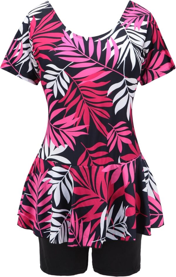 Women's One Piece Swim Dress Modest Swimsuit Floral Leaf Print Short Sleeve Swimwear - Image 2