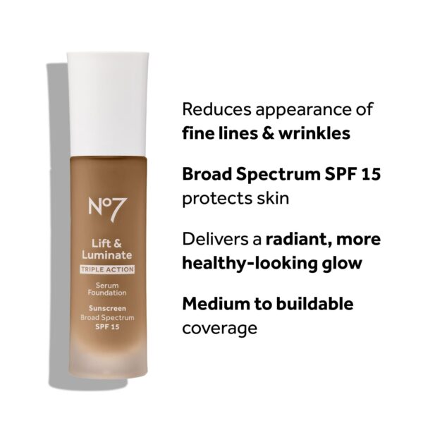 No7 Lift & Luminate Triple Action Serum Foundation - Liquid Foundation Makeup with SPF 15 for a Dewy, Glowy Base - Radiant Serum Foundation for Mature Skin - Cool Vanilla (1 Fl Oz) - Image 3