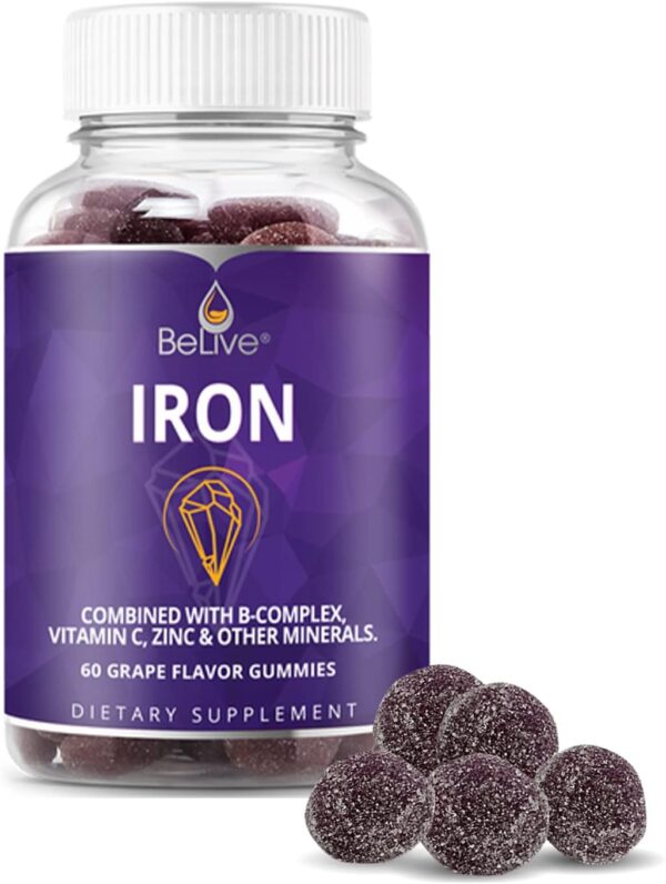 BeLive Iron Gummies - Multivitamin with Iron, Vitamins & Zinc for Blood Oxygen - Grape Flavor, Vegan Supplement for Women, Men & Kids - Image 2