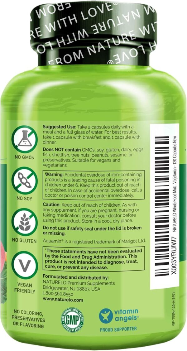 NATURELO Whole Food Multivitamin for Teens - with Vitamins & Minerals for Teenage Boys & Girls - Supplement for Active Kids - Non-GMO - Vegan & Vegetarian - 120 Capsules - Image 3