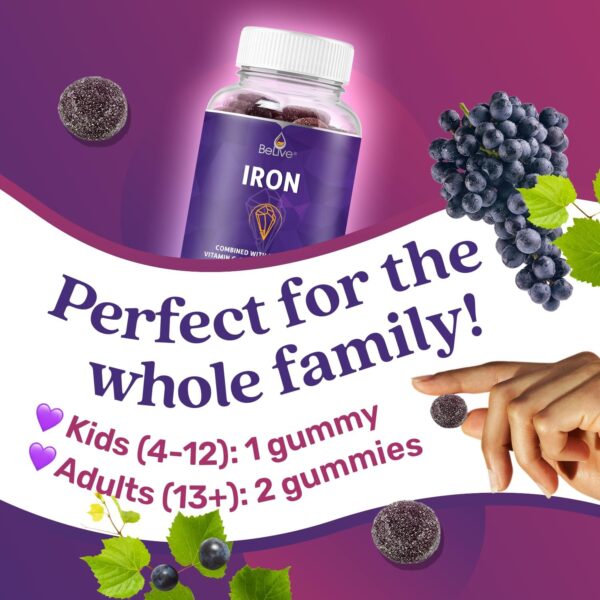 BeLive Iron Gummies - Multivitamin with Iron, Vitamins & Zinc for Blood Oxygen - Grape Flavor, Vegan Supplement for Women, Men & Kids - Image 4