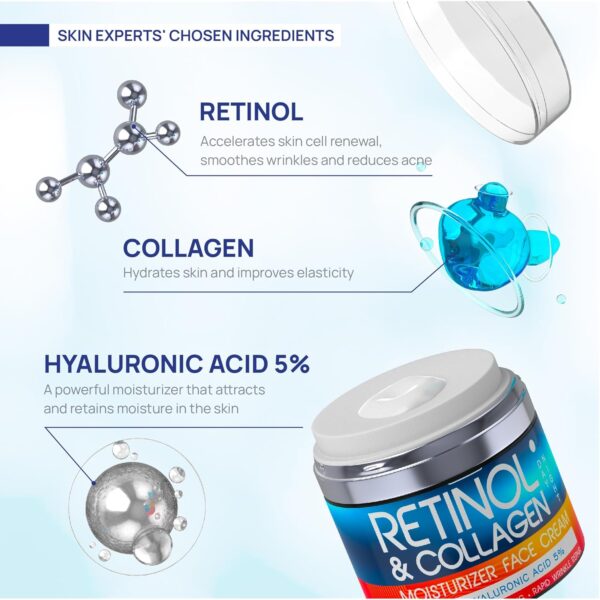 Retinol Cream for Face with Hyaluronic Acid, Day-Night Anti-Aging Moisturizer for Women, Men, Collagen Cream for Face Reduces Wrinkles, Dryness, 1.85 Oz - Image 4