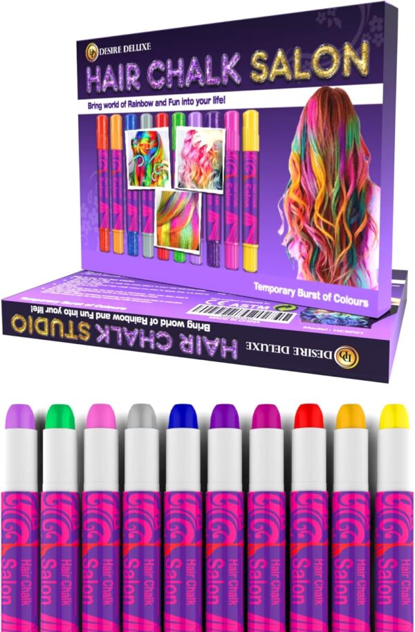 Desire Deluxe Hair Chalk for Girls Makeup Kit of 10 Temporary Colour Pens Gifts, Great Toy for Kids Age 5 6 7 8 9 10 11 12 13 Years Old, "Blue,Green,Grey,Pink,Purple - Image 3