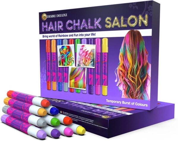 Desire Deluxe Hair Chalk for Girls Makeup Kit of 10 Temporary Colour Pens Gifts, Great Toy for Kids Age 5 6 7 8 9 10 11 12 13 Years Old, "Blue,Green,Grey,Pink,Purple - Image 2