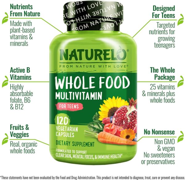 NATURELO Whole Food Multivitamin for Teens - with Vitamins & Minerals for Teenage Boys & Girls - Supplement for Active Kids - Non-GMO - Vegan & Vegetarian - 120 Capsules - Image 5