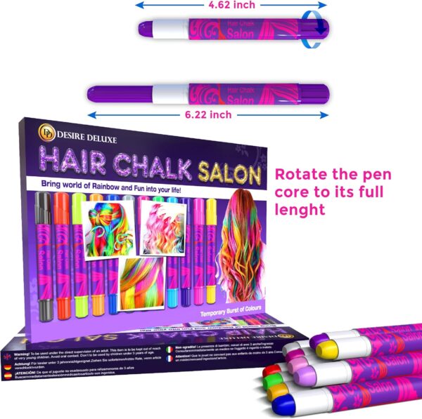 Desire Deluxe Hair Chalk for Girls Makeup Kit of 10 Temporary Colour Pens Gifts, Great Toy for Kids Age 5 6 7 8 9 10 11 12 13 Years Old, "Blue,Green,Grey,Pink,Purple - Image 4