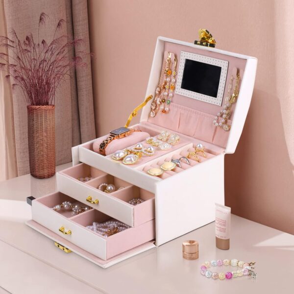 Pretty Comy Jewelry Box for Girls Women, Girls jewelry box 3 Layer with PU Leather, Travel Jewelry Case with Mirror for Earring Ring Necklace, Best Gift for Girls - Image 3