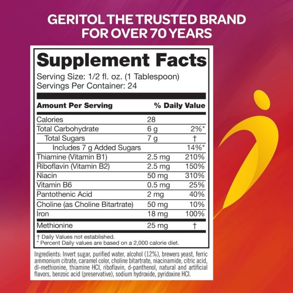 Geritol, Liquid Vitamin and Iron Supplement, Energy Support, Contains High Potency B-Vitamins and Iron, Pleasant Tasting, Easy to Swallow, No Artificial Sweeteners, Non-GMO, 12 Oz - Image 6