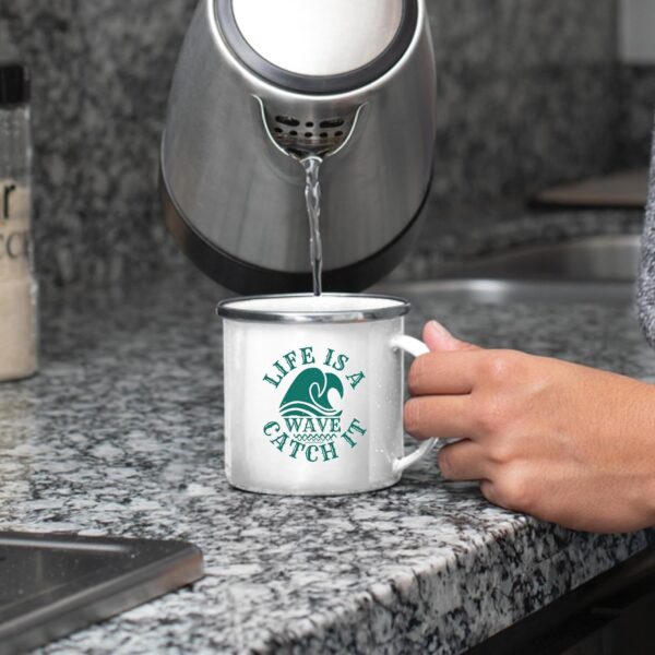 Gift For Lifestyle Lovers Catch the Wave of Life Men Women Youth 12oz Enamel Silver Mug - Image 4