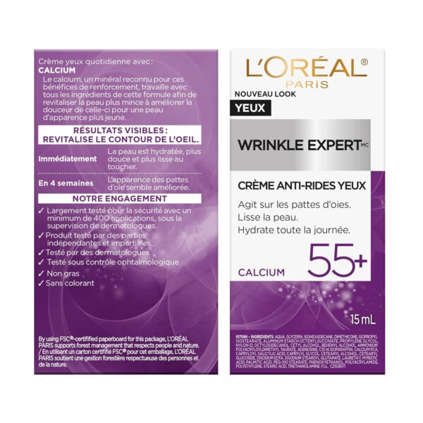 L'Oreal Paris Wrinkle Expert 55+ Anti-Wrinkle Eye Cream with Calcium, Reduce Crow's feet, 0.5 Oz - Image 8