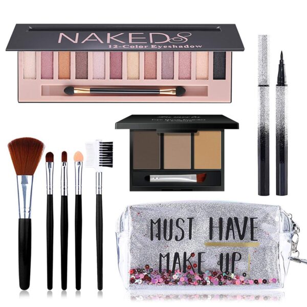 All in One Makeup Kit, Includes 12 Colors Naked Eyeshadow Palette, 5Pcs Makeup Brushes, Waterproof Eyeliner Pencils, Eyebrow Powder and Quicksand Cosmetic Bag, Gift Set for Women, Girls & Teens - Image 2