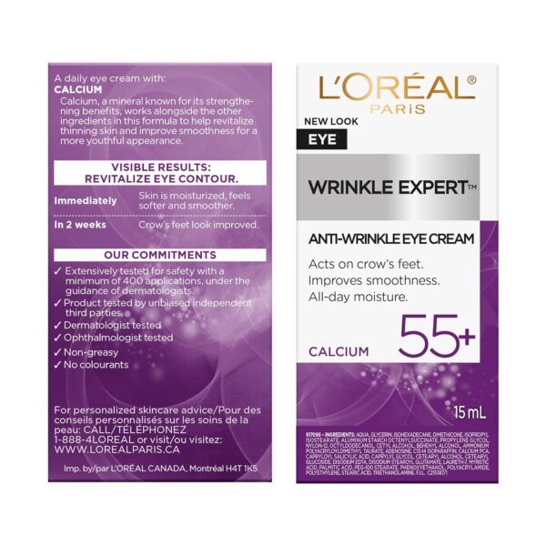 L'Oreal Paris Wrinkle Expert 55+ Anti-Wrinkle Eye Cream with Calcium, Reduce Crow's feet, 0.5 Oz - Image 7