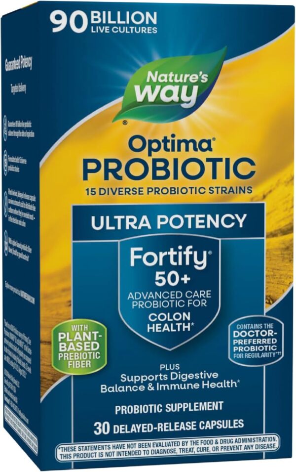 Nature's Way Fortify Optima Probiotic for Adults 50+, 90 Billion Live Cultures, 15 Strains, Colon Health*, Supports Digestive Balance and Immune Health*, 30 Capsules (Packaging May Vary) - Image 2