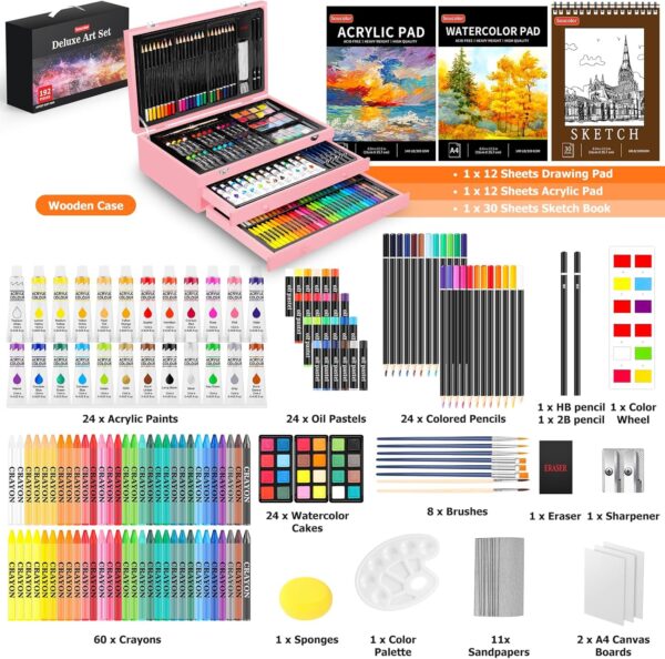 Soucolor Art Kits Art Sets Valentines Gifts for Women Teens Girls Kids, Aesthetic Cute Preppy Stuff School Supplies, 192-Pack Deluxe Drawing Supplies, Acrylic Pad, Watercolor and Sketch Book, Canvases - Image 3