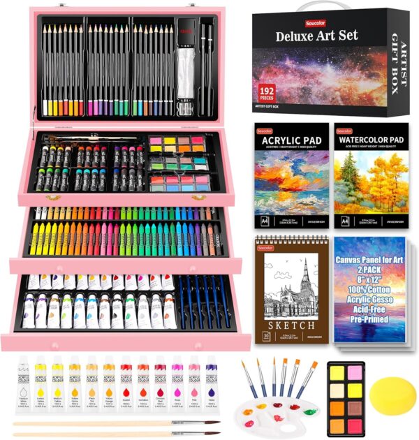 Soucolor Art Kits Art Sets Valentines Gifts for Women Teens Girls Kids, Aesthetic Cute Preppy Stuff School Supplies, 192-Pack Deluxe Drawing Supplies, Acrylic Pad, Watercolor and Sketch Book, Canvases - Image 2