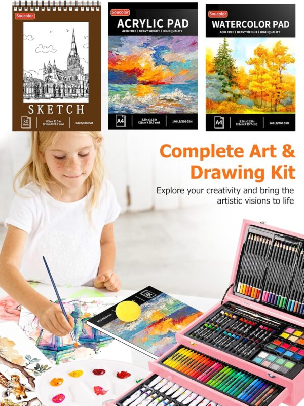 Soucolor Art Kits Art Sets Valentines Gifts for Women Teens Girls Kids, Aesthetic Cute Preppy Stuff School Supplies, 192-Pack Deluxe Drawing Supplies, Acrylic Pad, Watercolor and Sketch Book, Canvases - Image 5