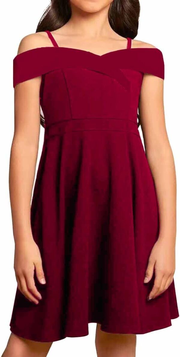 Girls Elegant Princess Cold Shoulder Fold Pleated High Waist Flared A Line Party Dresses,8-14 Years - Image 3