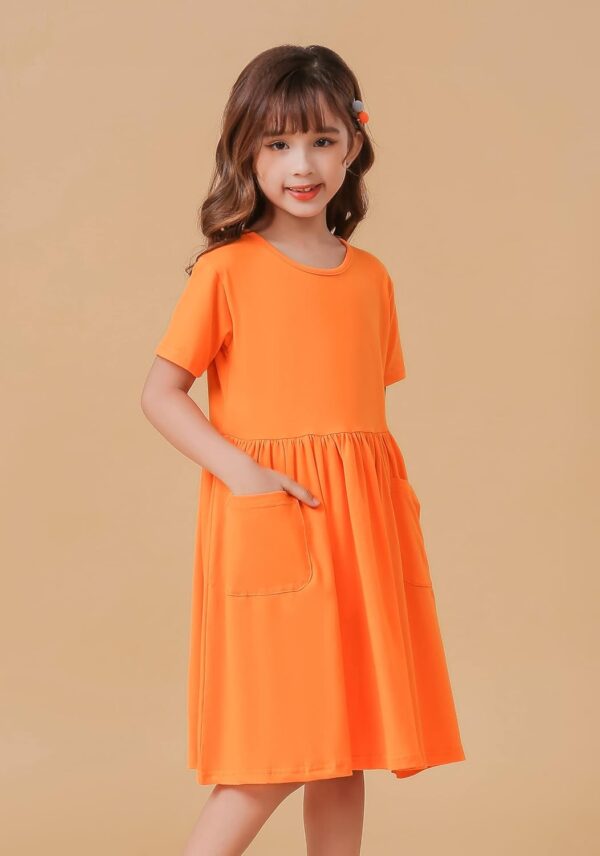 Girls Dresses Short Sleeve Solid Color Casual A-Line Pleated Dress with Pockets - Image 3