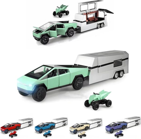 Toy Trucks with RV Motorcycle for Boys Girls Women Adult Diecast Metal Cybertruck Model Pickup Truck 1/32 Toy Car Sound and Light Effect Birthday Gift Age for 6 Year Old and Up - Image 2