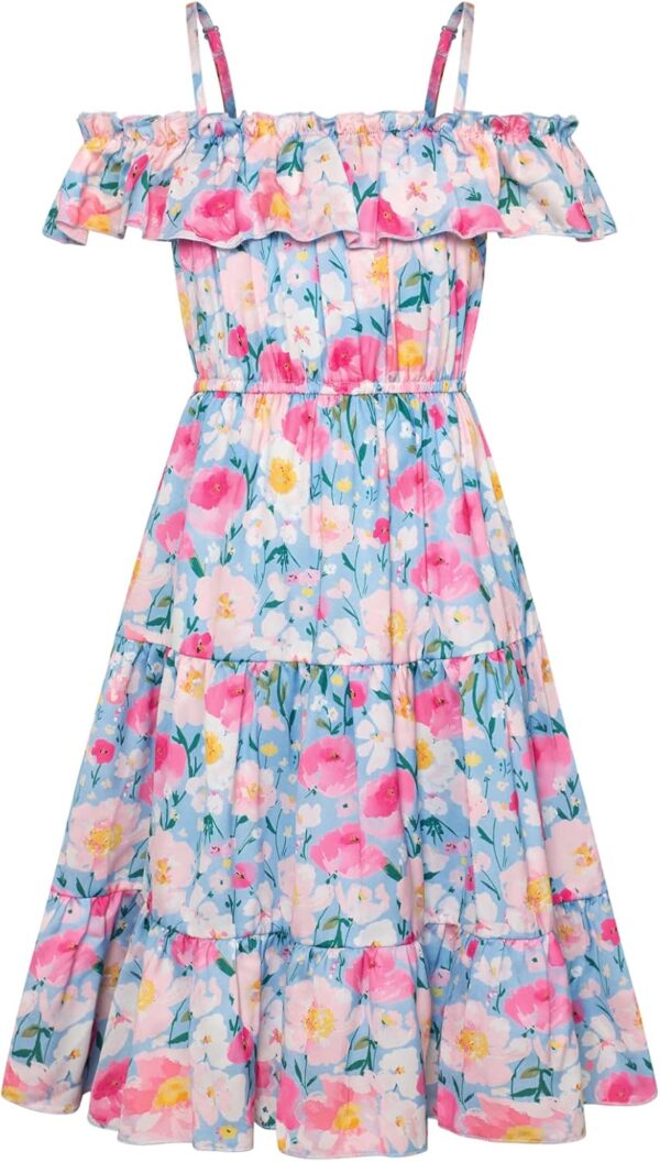 GRACE KARIN Girls Summer Dress Off Shoulder Ruffle Floral Spaghetti Strap Casual Sundress Tiered Midi Dress - Image 2