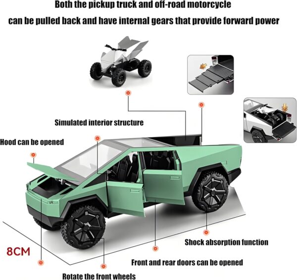Toy Trucks with RV Motorcycle for Boys Girls Women Adult Diecast Metal Cybertruck Model Pickup Truck 1/32 Toy Car Sound and Light Effect Birthday Gift Age for 6 Year Old and Up - Image 5