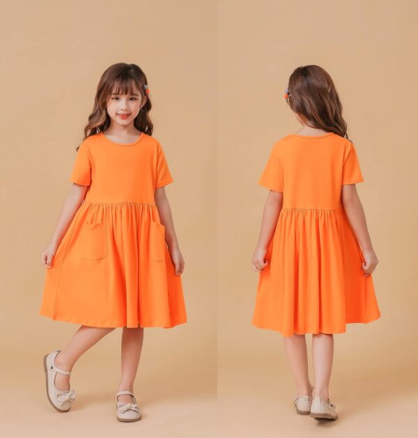 Girls Dresses Short Sleeve Solid Color Casual A-Line Pleated Dress with Pockets - Image 5
