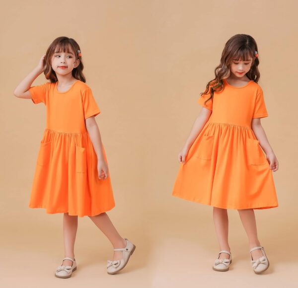 Girls Dresses Short Sleeve Solid Color Casual A-Line Pleated Dress with Pockets - Image 4