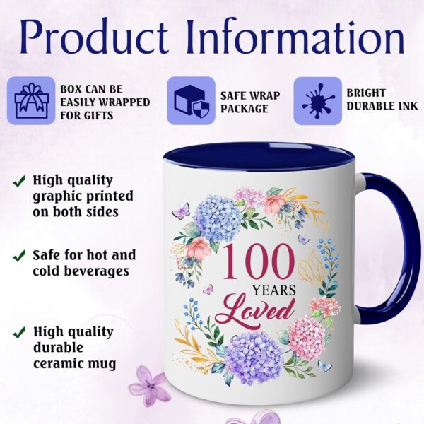 100th Birthday Gifts For Women - 1925 Birthday Gifts For Women - 100 Years Loved Mug - Gifts For Women Turning 100-100 Year Old Gifts For Women, Mom, Grandma, Aunt, Mother - Accent Navy 11OZ - Image 4