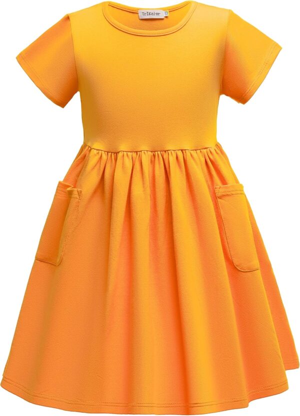 Girls Dresses Short Sleeve Solid Color Casual A-Line Pleated Dress with Pockets - Image 2