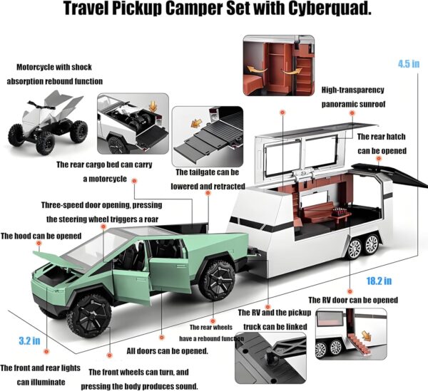 Toy Trucks with RV Motorcycle for Boys Girls Women Adult Diecast Metal Cybertruck Model Pickup Truck 1/32 Toy Car Sound and Light Effect Birthday Gift Age for 6 Year Old and Up - Image 7