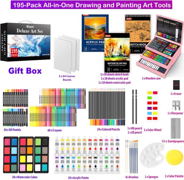 iBayam Gifts for Kids Teens Girls Women, 195-Pack Arts and Crafts Supplies for Adults Kids, Art Kits Paint Set for Acrylic Oil Watercolor Canvas Ceramic Rock Eggs Egg Tempera, Easter Basket Stuffers - Image 3
