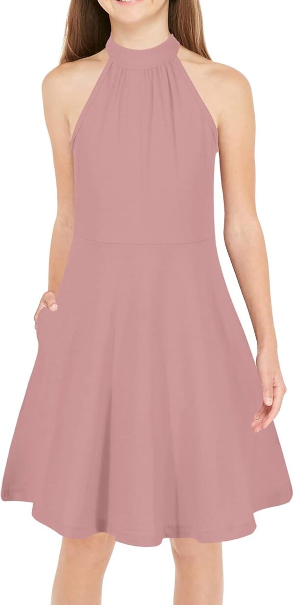 GORLYA Girl's Halter Neck Cold Shoulder Sleeveless Summer Casual Sundress A-line Dress with Pockets for 4-12 Years - Image 2