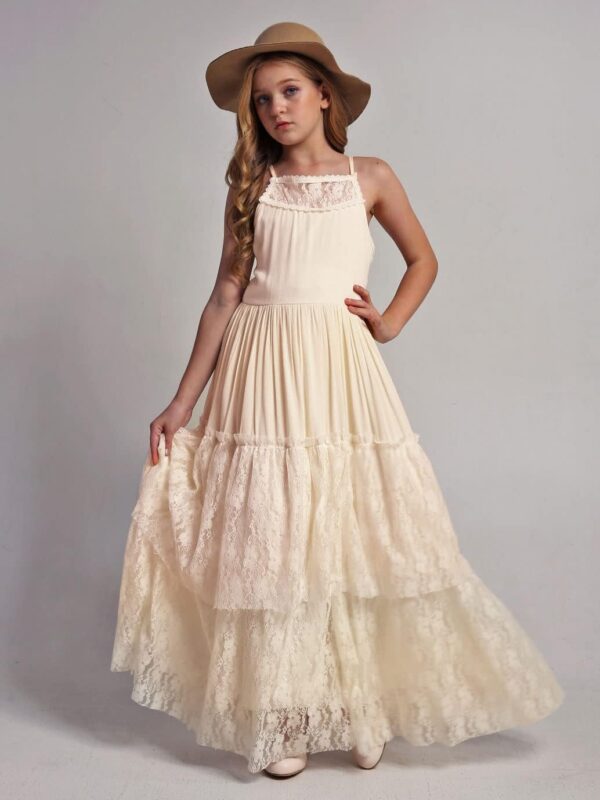 BIBIHOU Girls Kids Lace Back Full-Length Backless Tulle Party Holiday Formal Flower Girl Dress - Image 3