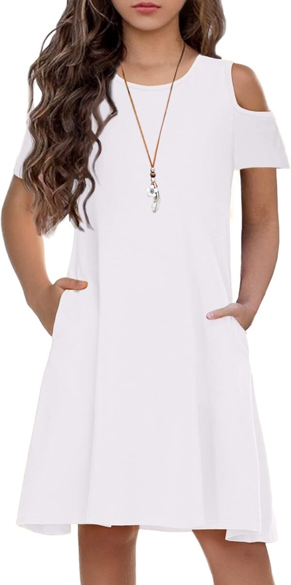 Arshiner Girls Summer Dress Short Sleeve Cold Shoulder Solid Color Swing Casual Dresses with Pockets - Image 2