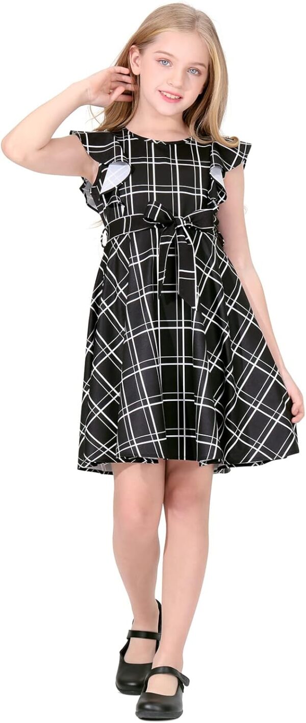 Quedoris Girls Ruffle Trim Dress Print and Solid Color A-line Swing Flared Belted Casual Party Dress with Zipper - Image 4