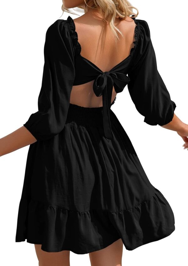Phortric Womens Summer Tie Back Dress Square Neck Lantern Sleeve Off Shoulder A-Line Casual Mini Dresses - Image 2