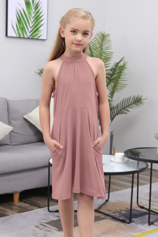 GORLYA Girl's Halter Neck Cold Shoulder Sleeveless Summer Casual Sundress A-line Dress with Pockets for 4-12 Years - Image 5