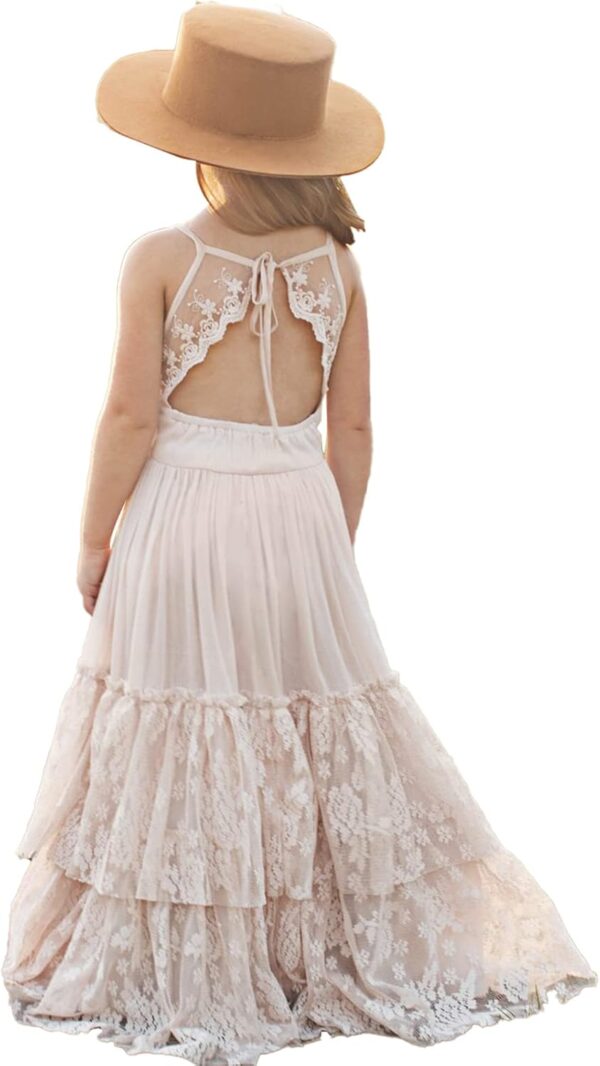 BIBIHOU Girls Kids Lace Back Full-Length Backless Tulle Party Holiday Formal Flower Girl Dress - Image 2