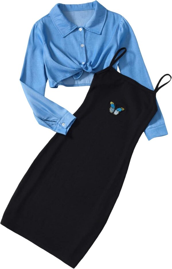 OYOANGLE Girl's 2 Piece Outfit Butterfly Patched Cami Dress with Long Sleeve Button Down Crop Shirt Set - Image 2