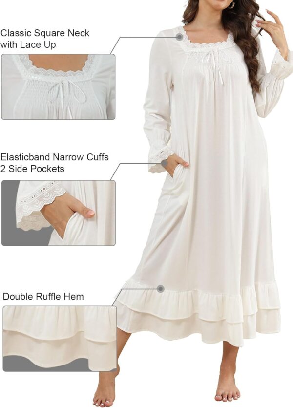 Women's Victorian Nightgown Soft Cotton Sleepwear Long Sleeve Princess Nightdress with Pockets - Image 4