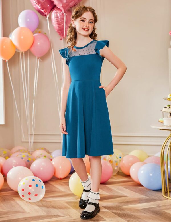 Arshiner Girls Dress Summer Ruffle Sleeve Mesh A Line Casual Party Dresses with Pockets 6-13 Years - Image 4